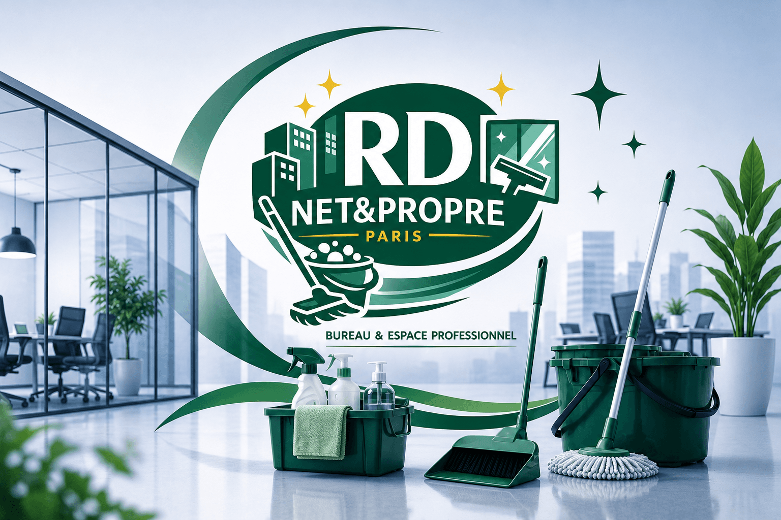 Visuel RD NET&PROPRE — matériel de nettoyage professionnel dans un bureau lumineux