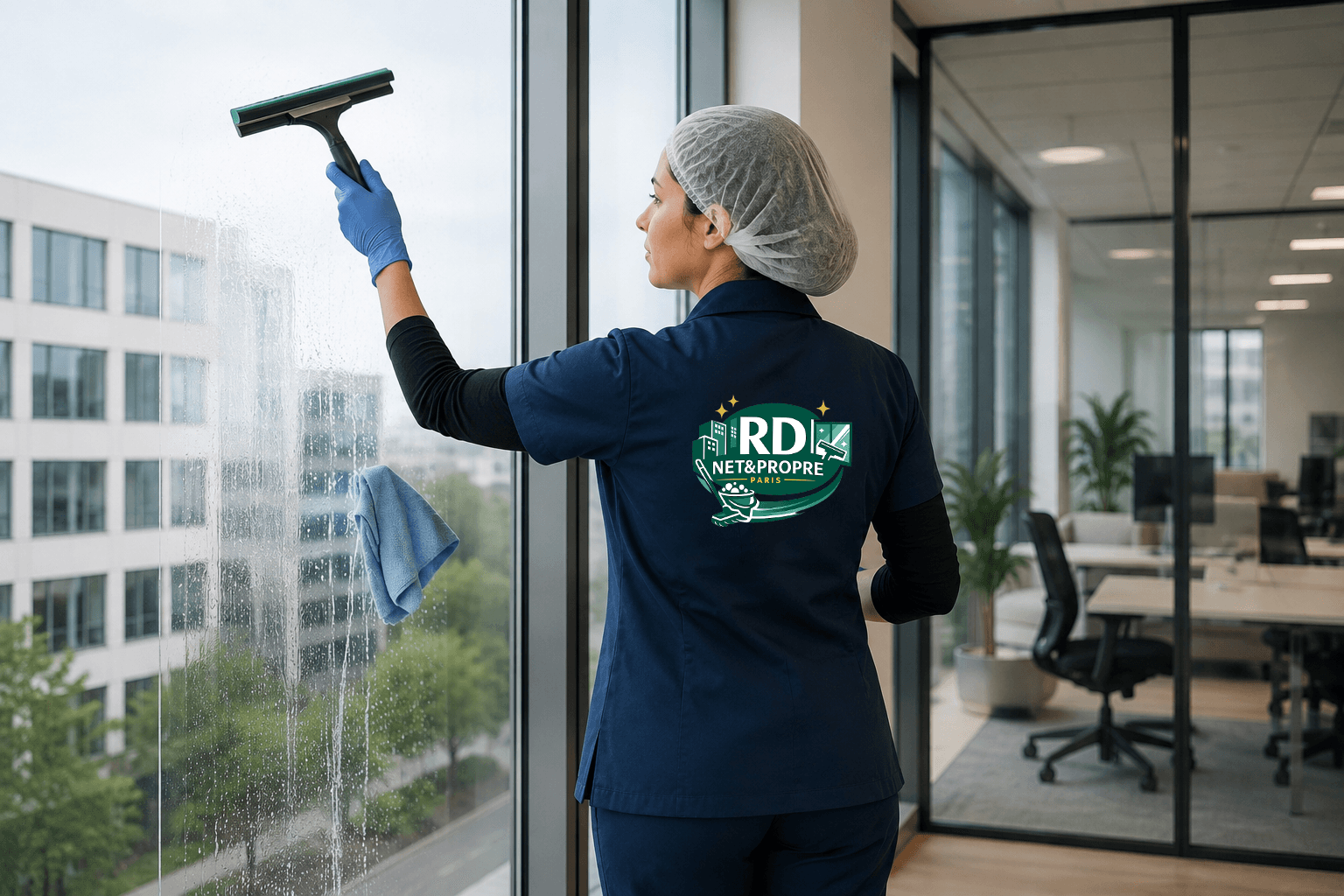 Techniciens nettoyant les vitres d'une façade d'immeuble en hauteur