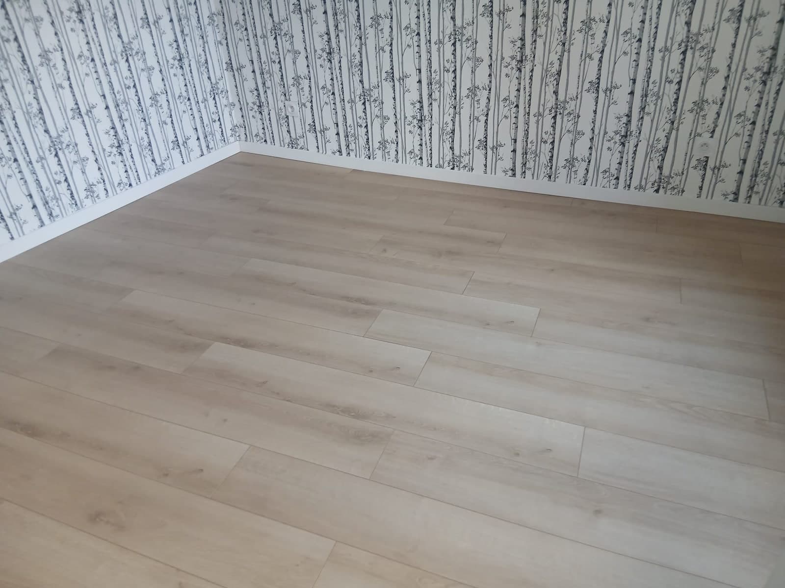 Pièce au papier peint végétal, parquet clair nettoyé
